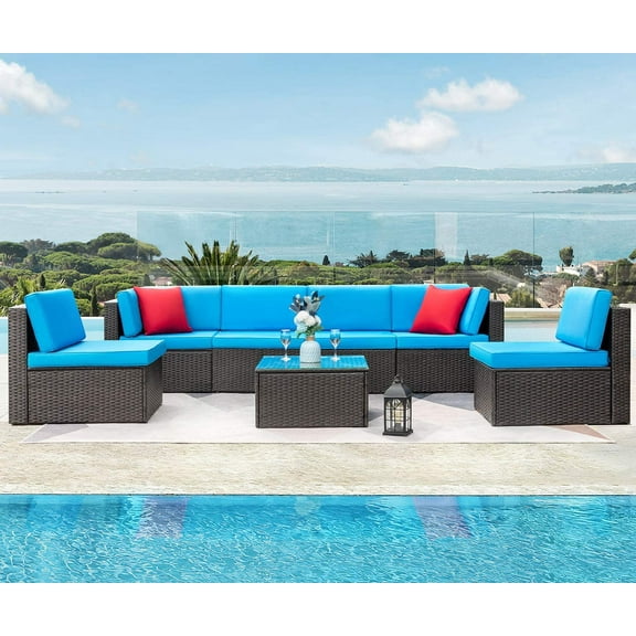 Devoko 7 Pieces Outdoor Sectional Sofa Patio Furniture Sets Manual Weaving Wicker Rattan Patio with Cushion and Glass Table, Blue