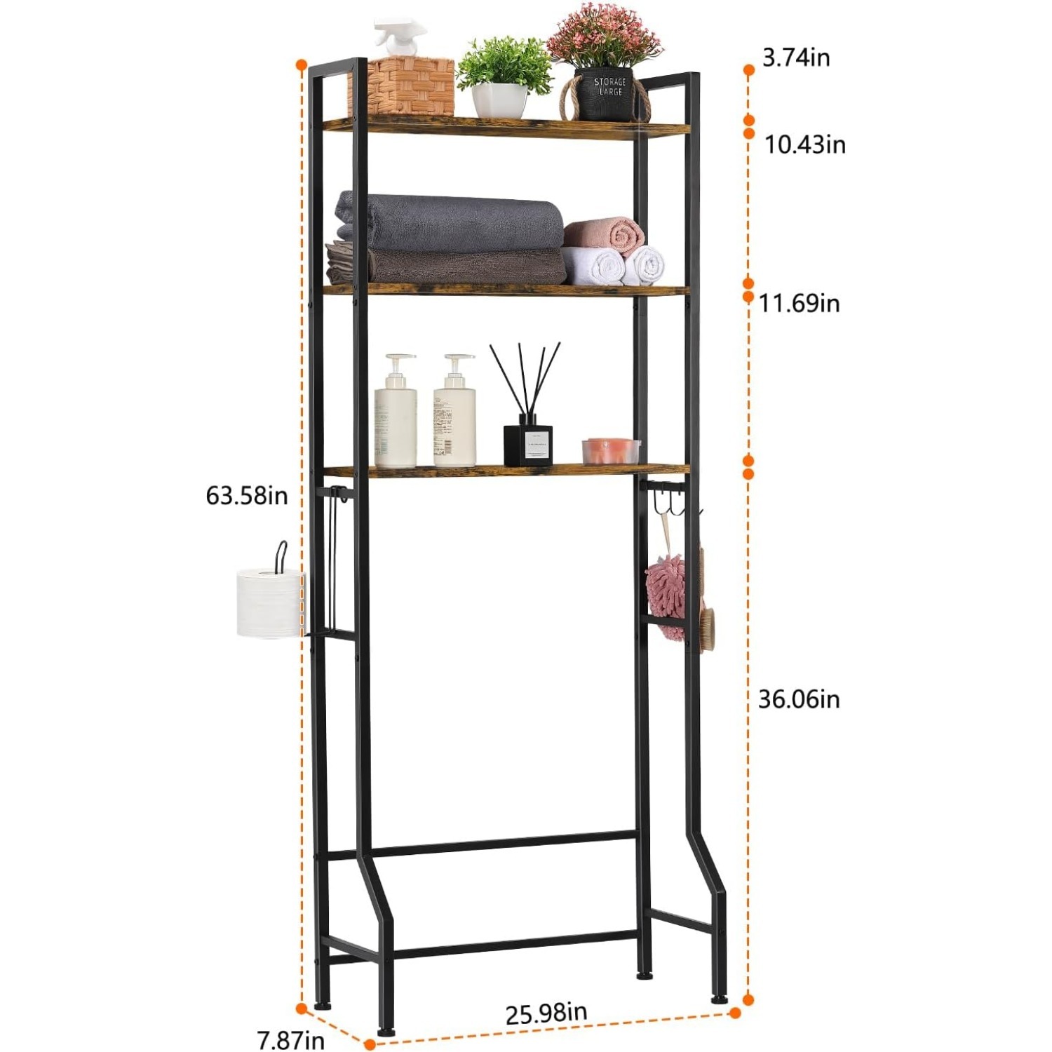 Over The Toilet Storage Shelf, 3-Tier Bathroom Organizer with Toilet Paper Holder and 3 Hooks, Freestanding Shelving for Restroom, Laundry, and Balcony,Brown