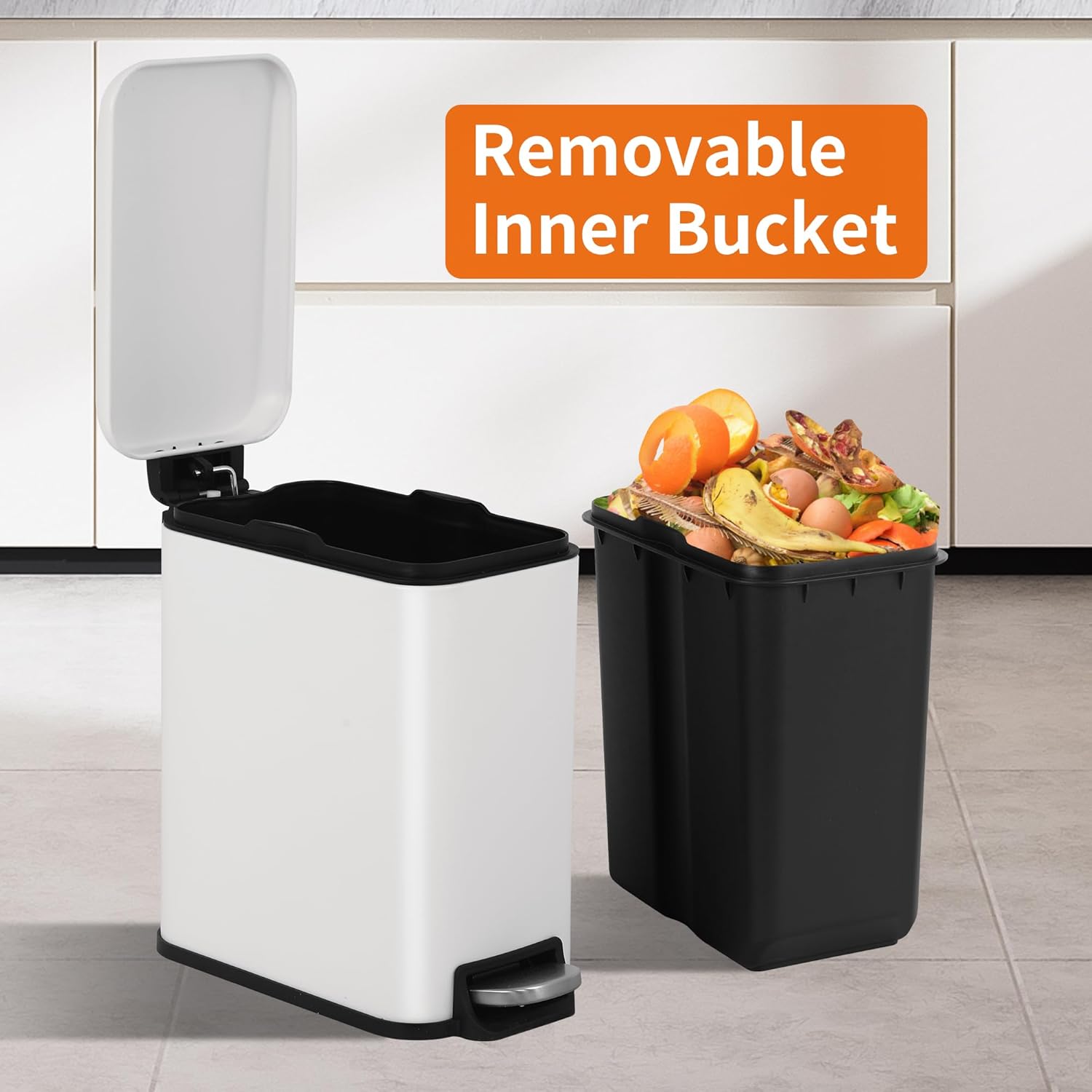 BIQWBIC 10L/2.6 Gallon Stainless Steel Bathroom Trash Can with Lid – Foot-Operated Garbage Bin with Removable Bucket, 2-Pack, Whihte – Perfect for Office & Bedroom