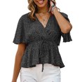 thumbnail image 1 of Camisa de manga corta con cuello en V y lunares para mujer, blusa de gasa holgada de verano con adornos de volantes informales a la moda, negro M, 1 of 5
