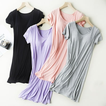 

Women Nightgown Casual Pajama Dress Short Sleeve Nightshirt M-XXL Mid-long Lightweight Sleepwear with Chest Pad without Rims