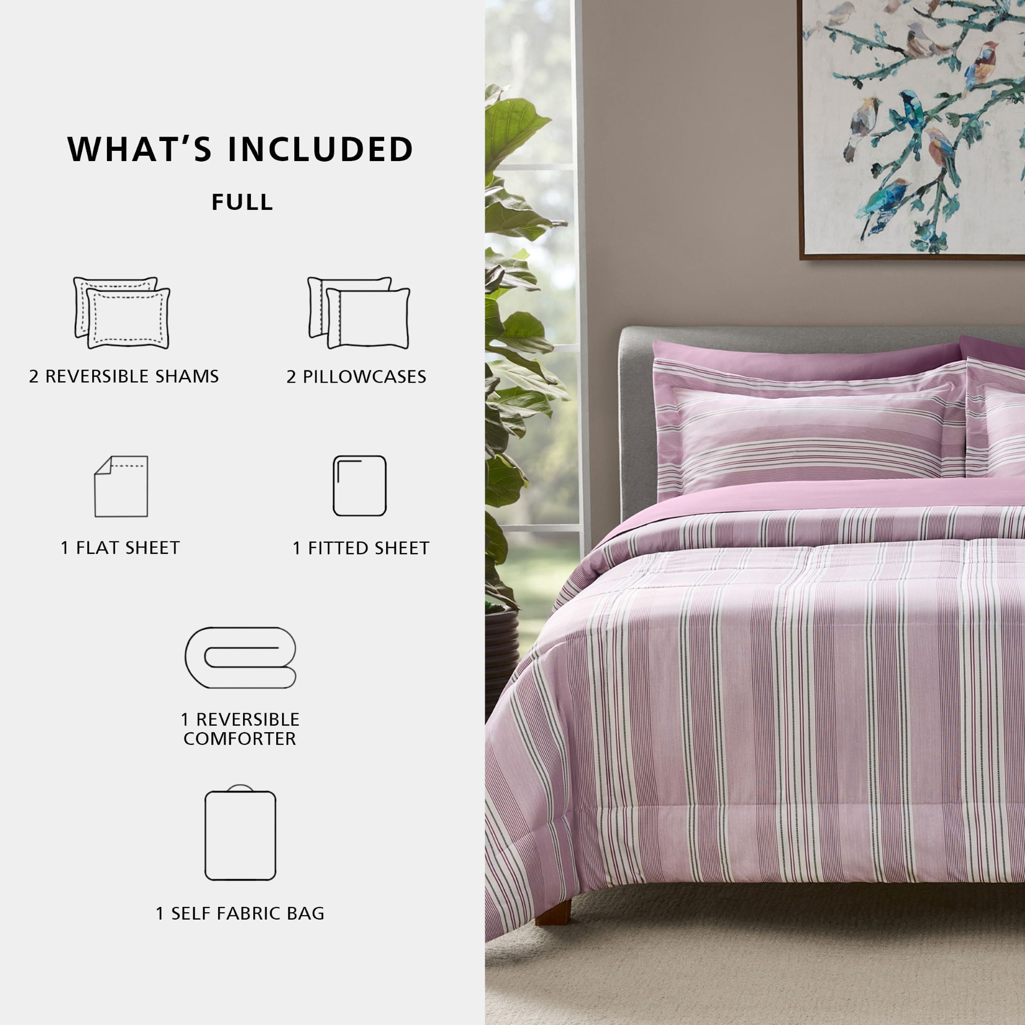 Mainstays 7-Piece Reversible Bed in a Bag Comforter and Sheet Set, Full, Purple and White Stripe