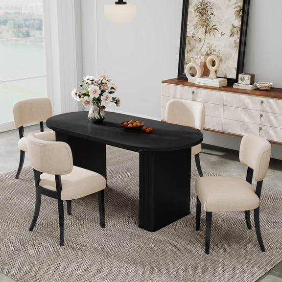 Katboc Modern Extendable Oval Dining Table and Chairs Set with Wood Base, 4Upholstered Chairs, 4-8 Seater Expandable Kitchen Table for Living Room
