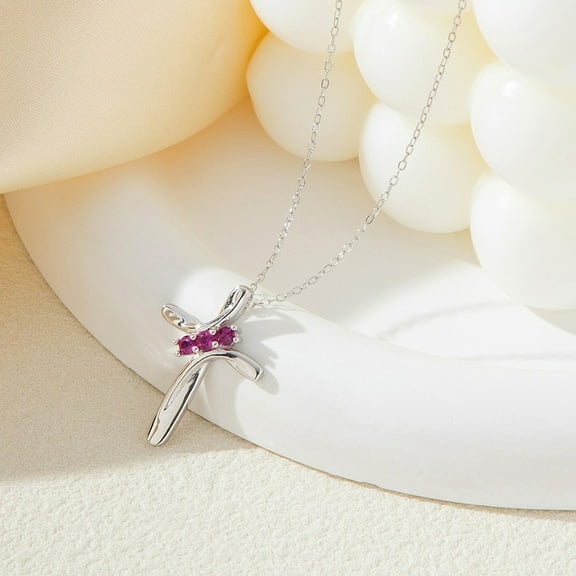 925 Sterling Silver Deep Pink Cubic Zirconia Cross Pendant Necklaces for Women Rhodium Plated Platinum 15.75 inch(40cm) Sterling Silver