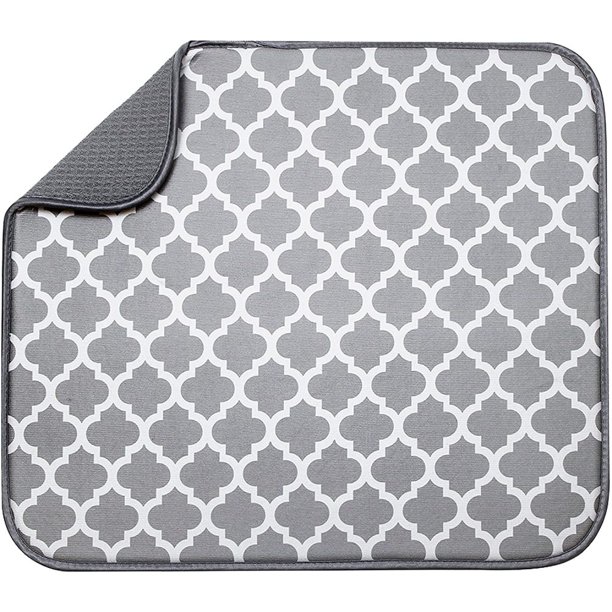 Alfombrilla de secado de platos de microfibra absorbente y reversible para cocina, 16 pulgadas x 18 pulgadas, enrejado blanco (497401)