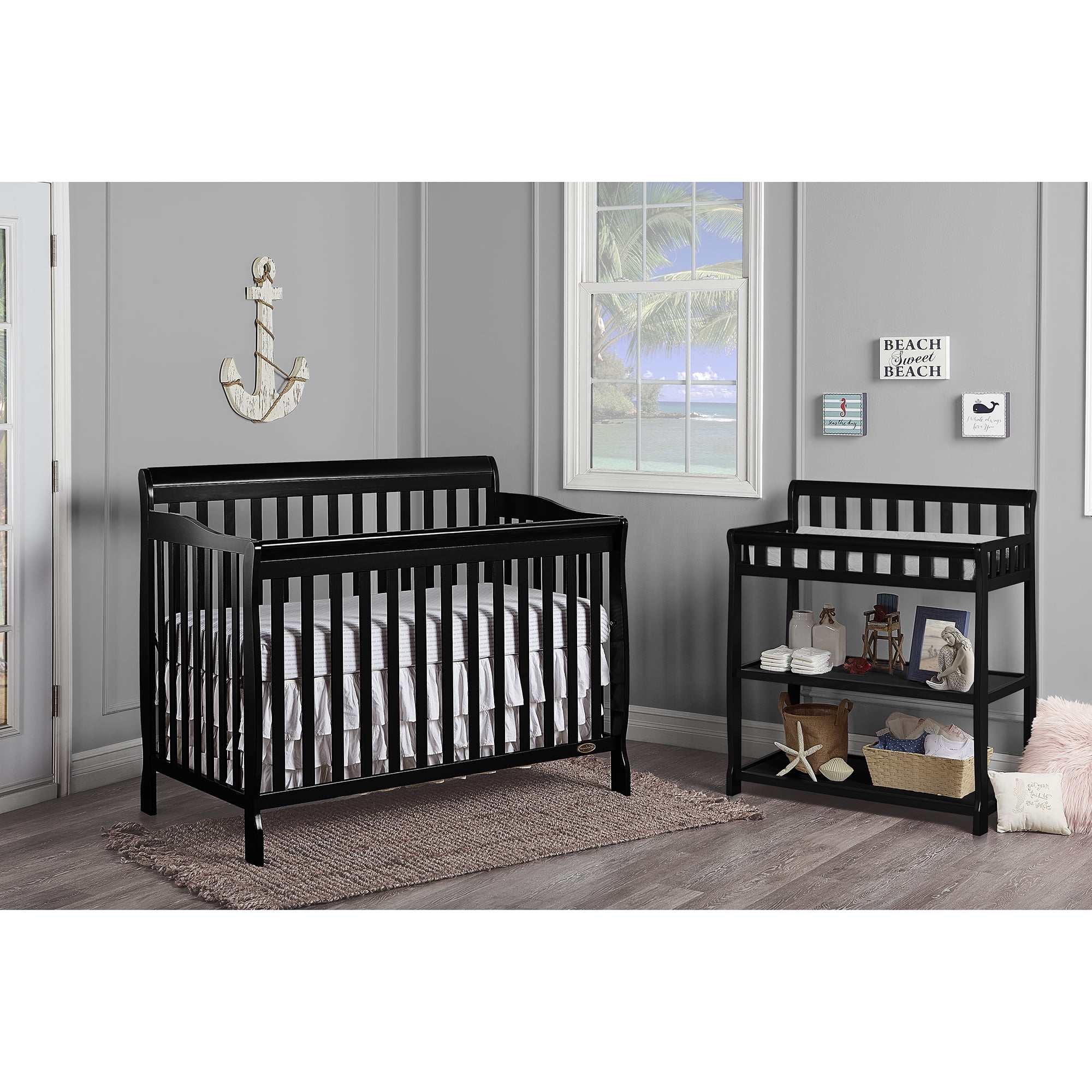 Nursery Essentials Bundle of Dream On Me Aden Convertible 4 in 1 Mini Crib, Dream On Me Ashton Changing Table, with a Dream On Me Sunset 3” Extra Firm Fiber Portable Crib Mattress, Black