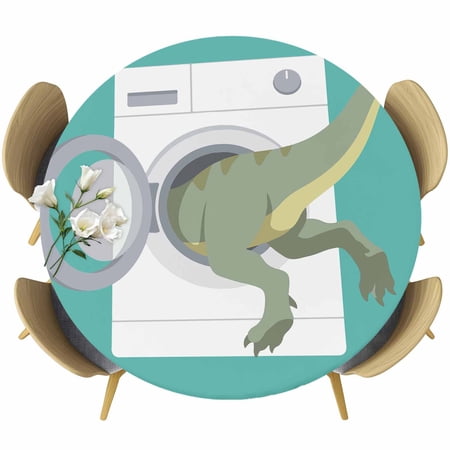 Dinosaur Round Tablecloth 36-44 Inch Round Fitted Table Cloth with Elastic Edge Teal Laundry Room Washing Machine Waterproof Table Cover Protector for Outdoor Picnic Party Dining