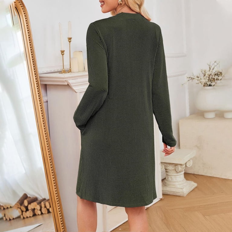 casual winter dresses for women Enjoytime Fall 2025 Solid Color V-Neck Long Sleeve Pleated Short Dress Fashion Loose Dresses Army Green M Baseball Jersey Dress 90s Fully satin lined Shoe Size:11M fall2022