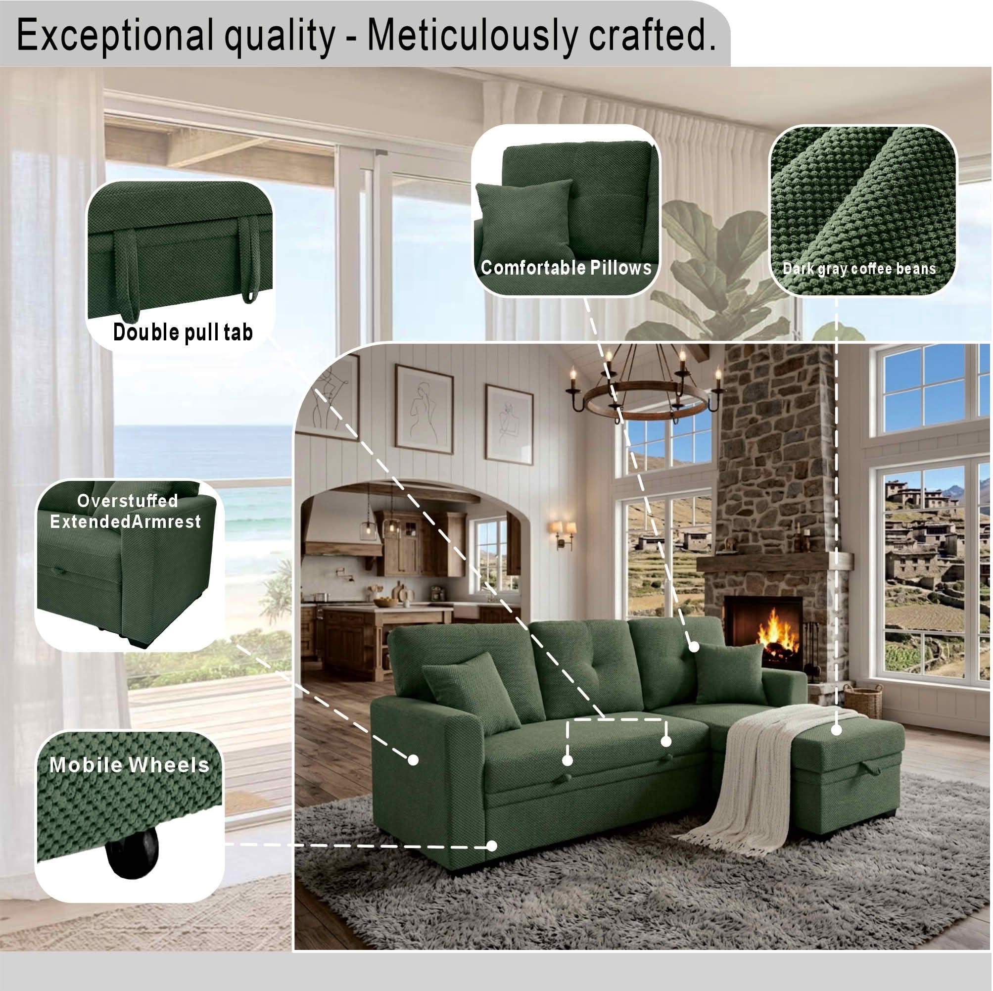 MAYEERTY L‑Shaped Sleeper Sectional Sofa, Convertible Pull‑Out Bed with Reversible Storage Chaise, Dark Gray Breathable Polyester Fabric for Small Living Spaces