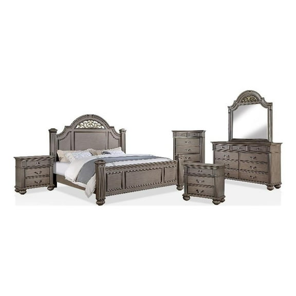 FOA Damos 6pc Gray Wood Bedroom Set-Queen 2 Nightstands Chest Dresser Mirror
