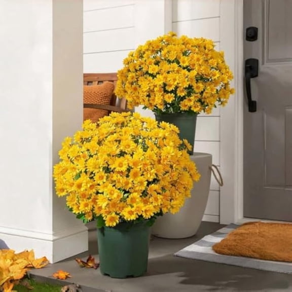 Luckcia Faux Mums, Booneb Mums, Artificial Outdoor SunsetMums Flowers, Artificial Sunsetmums- UV Resistant, Waterproof, Windproof, Fake Fall Flower Daisy with Eucalyptus (5 Bundle of Gold)
