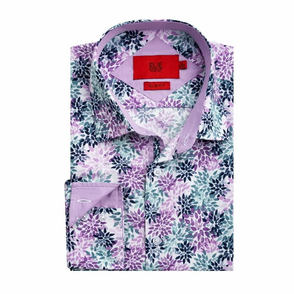 Elie Balleh Men's Purple Slim Fit Floral Button-Down Shirt