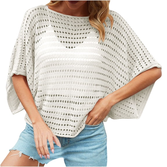 Gnshining Summer Tunic Blouse for Women Loose Sweatshirts Hollow Out T-shirt Solid Color Outfits Crew Neck Workout Tops Short Sleeve Going Out Tops