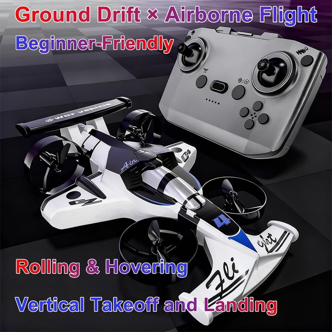 Rechargeable Dual Mode Car Drone, 2-in-1 Remote Control Flying Car with Dual Land and Air Modes, Induction Steering for Indoor Outdoor Play (White)