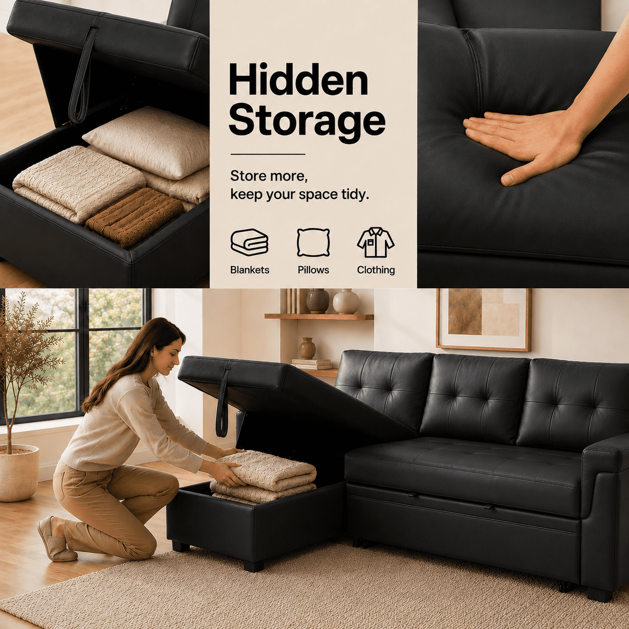 Naomi Home Laura Modern L-Shaped Air Leather Sleeper and Storage Sectional Sofa, Black