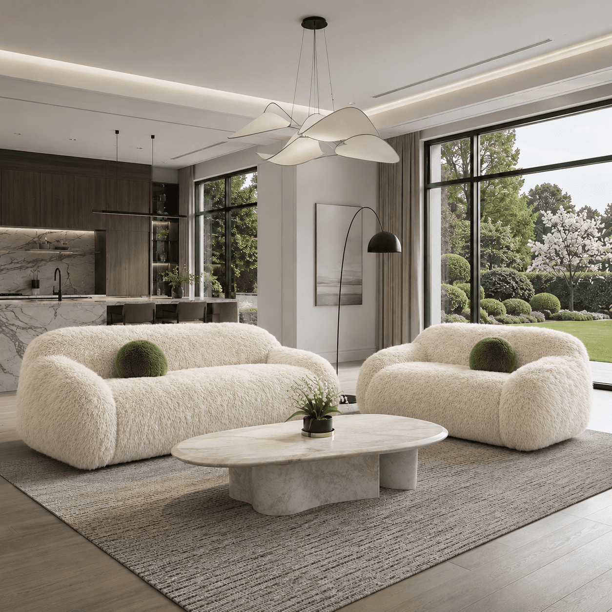 Aenkyo 84 Inch Plush Faux Fur Sofa, 25 Inch Deep Seat 3-Seater Couch with Ball Pillow, Sand