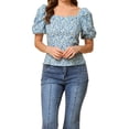 thumbnail image 1 of INSPIRE CHIC Hauts à Manches Bouffantes pour Femmes Encolure Cœur Blouses Smockées à Fleurs TG Bleu, 1 of 6