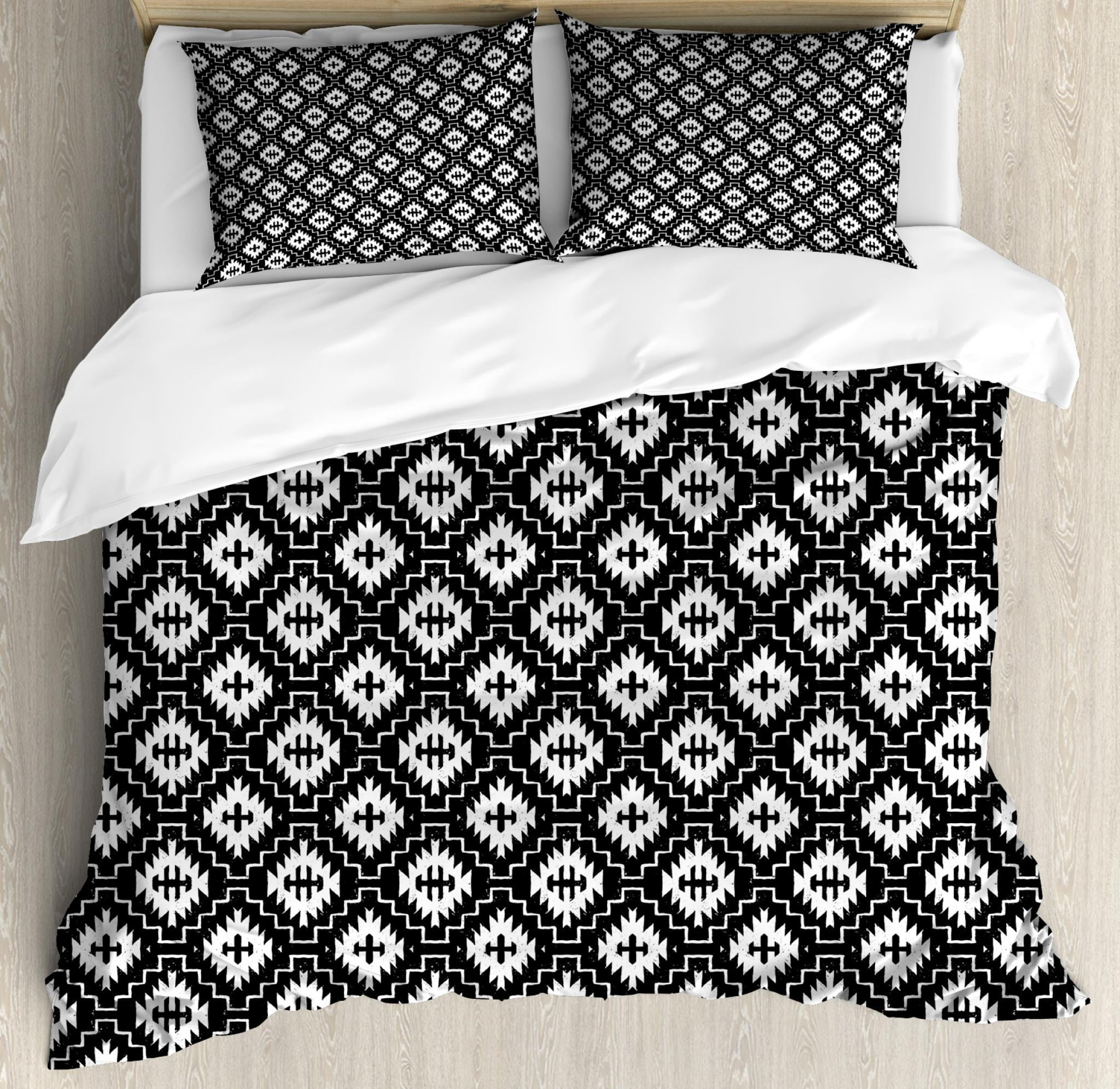 Aztec Queen Size Duvet Cover Set, Native Ornamental with Classic Victorian Damask Baroque