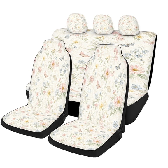 Classic Delicate Pastel Floral Car Seat Covers Full Set, Universal Auto Seat Covers with Front Seat Covers, Rear Bench Cover and Headrest Covers for Cars SUVs Trucks Vans