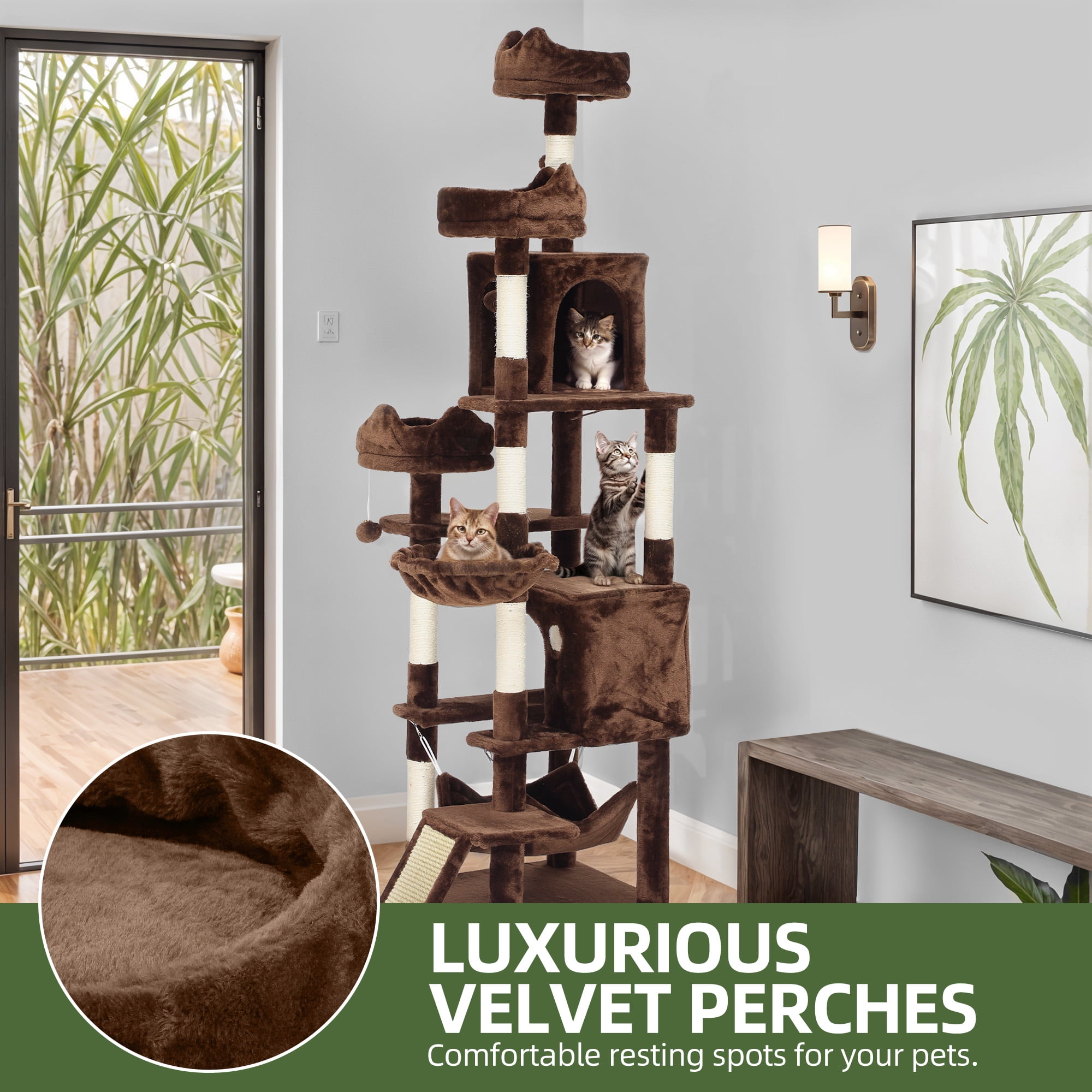 Uforic 75" Cat Tree Multi-Level Tower with Condos, Hammocks & Scratching Posts, Brown