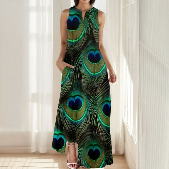 QUNYINEY Sleeveless Women Dresses Casual Peacock A-Line Dress V Neck Flowy with Pockets Maxi Sundress
