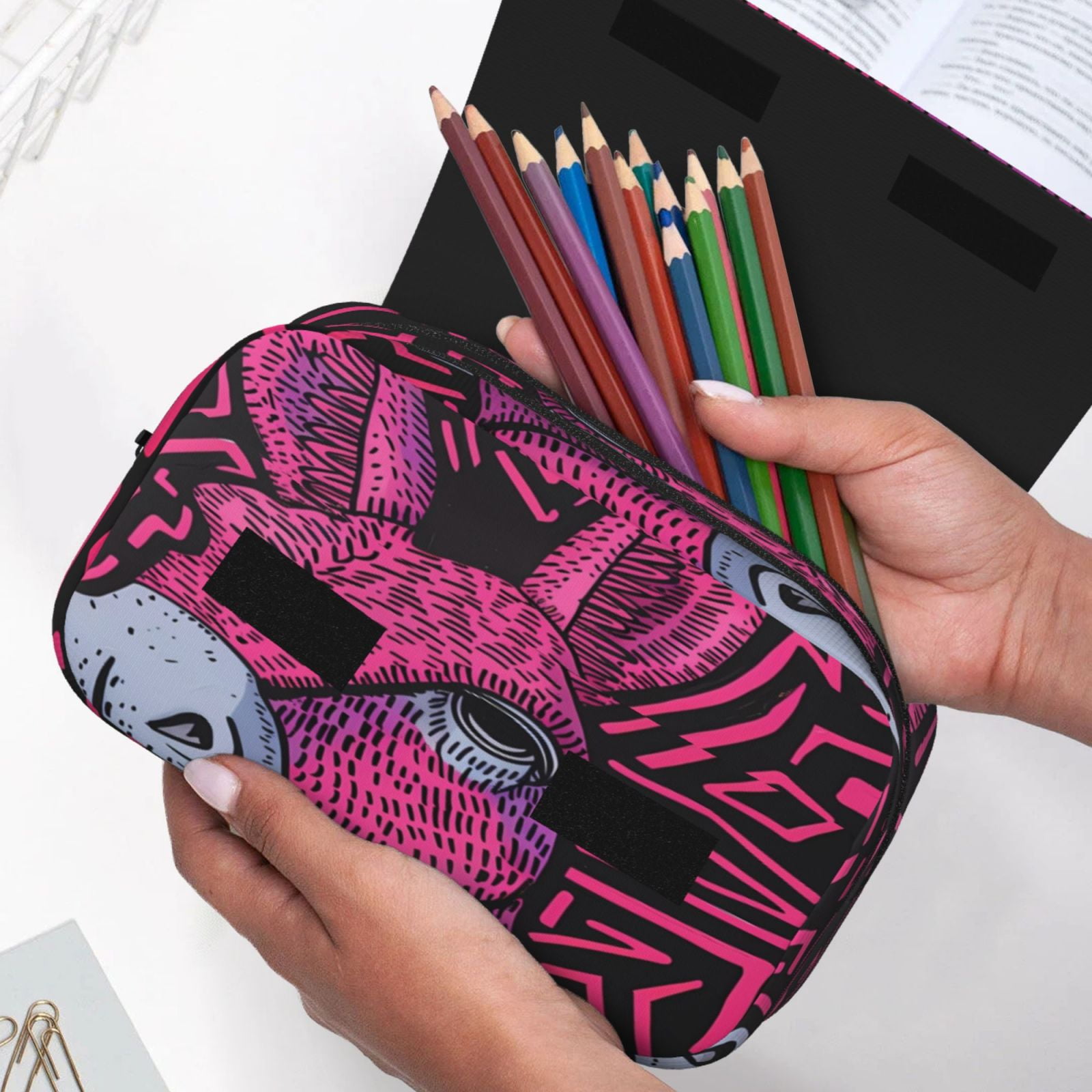 Rateoe ink Donkey Pop Art Pattern Double Clamshell Pen Case, Storage Organizer with Two Zipper Compartments– Holds Up to 50 Pencils & Pens