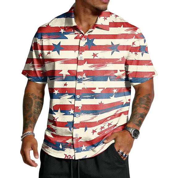 250 Anniversary Button Down Shirts for Men American Flag Print Short Sleeve Lapel Collar T-Shirt 1776-2026 Patriotic Star Classic Fit Casual Tops, L, #01 Wine