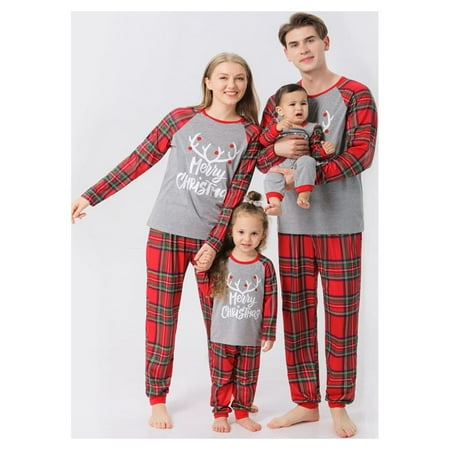 Family Christmas Pjs Matching Sets, Plaid Letter Print Long Sleeve Pullover+ Long Pants Matching Holiday Pajamas