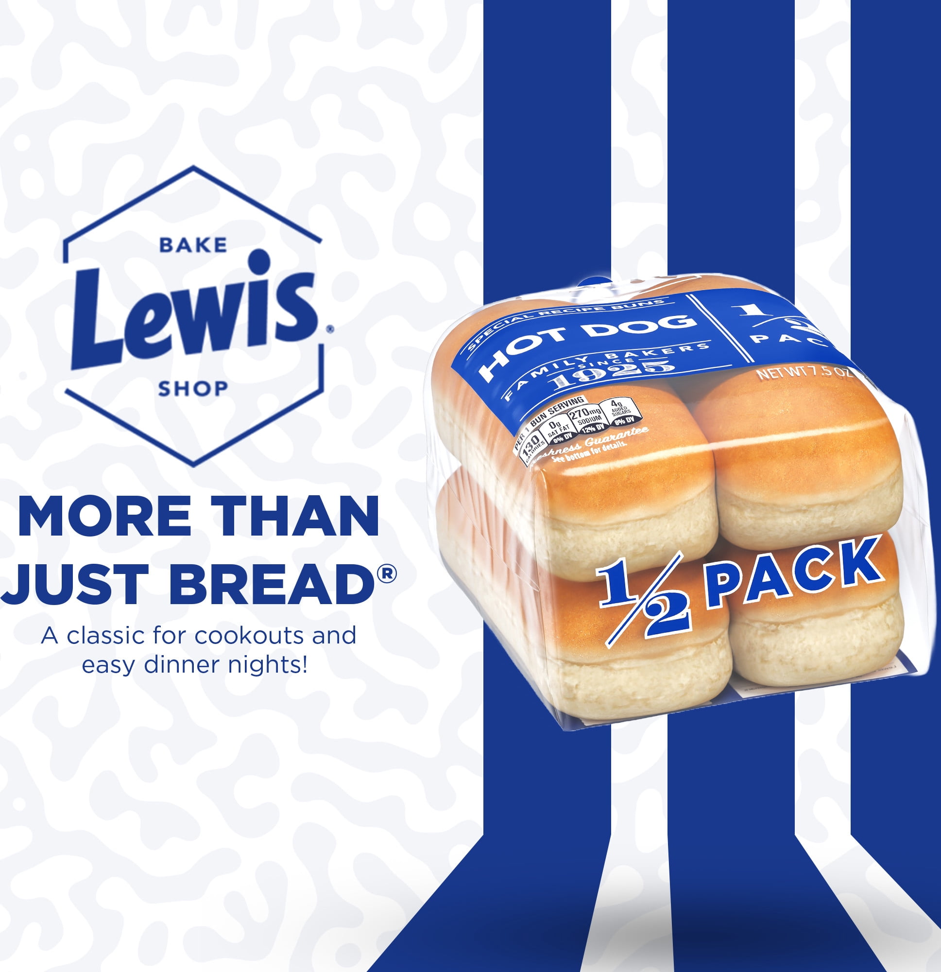 Lewis Bake Shop White Half Pack Hot Dog Buns, 7.5 oz, 4 Count