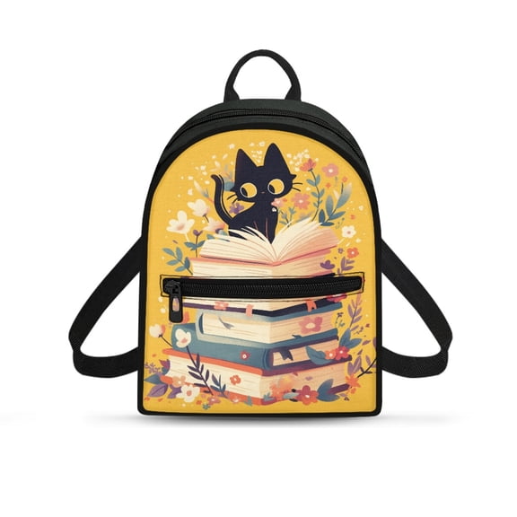 Eheartsgir Black Cat Floral Travel Rucksack Lots of Pockets Small Backpack for Daily Use Shopping, Polyester Adjustable Strap Mini Backpack