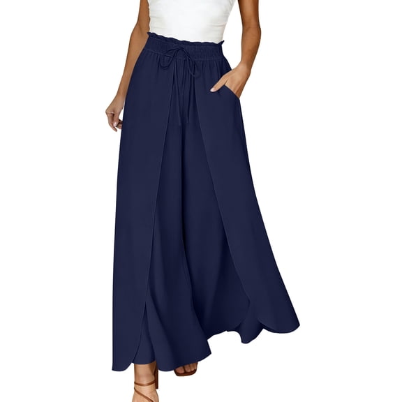 Hurxie Pants for Women Casual Elastic Waist Wide Leg Pants with Pockets Navy,L