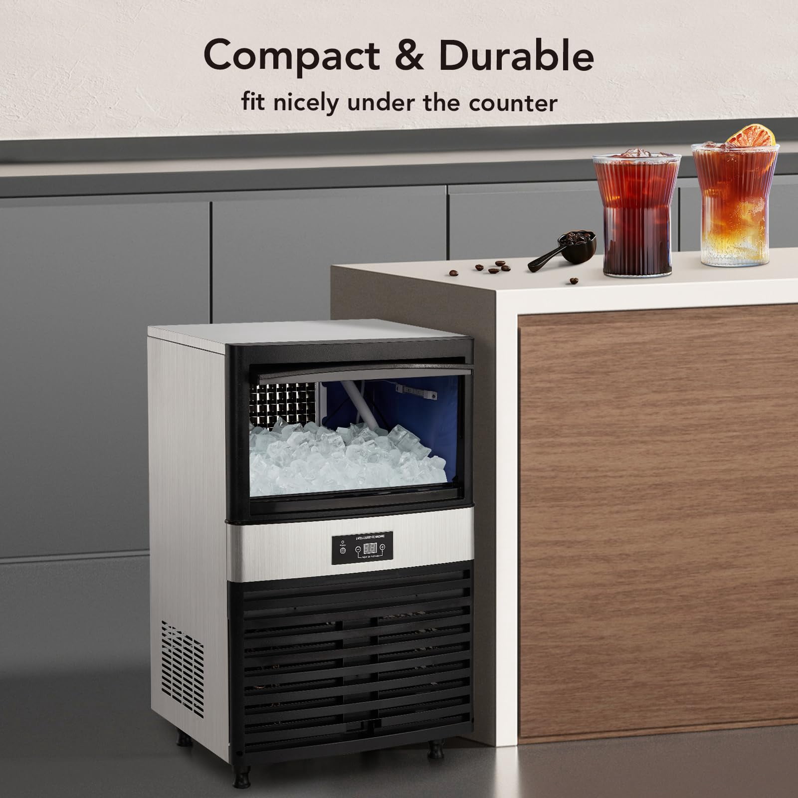 Homhougo—Broadfashion Commercial Under Counter Ice Maker Machine Stainless Steel 33lbs Storage Capacity Freestanding 4 * 8 Cubed Ice