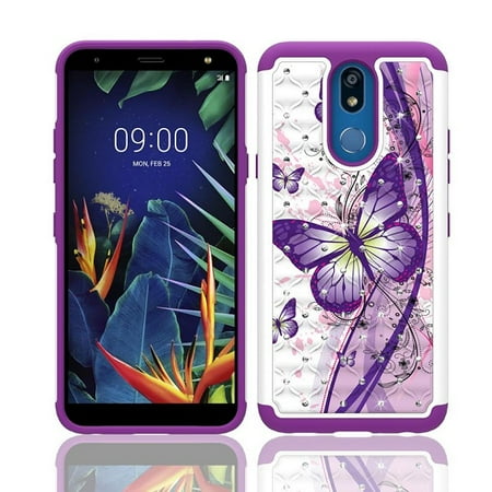 For Straight Talk LG Solo L423DL Case, Phone Case for LG K40 / LG K12 Plus / LG X4 (2019), Studded Rhinestone Crystal Bling Shockproof Cover Case (White Purple