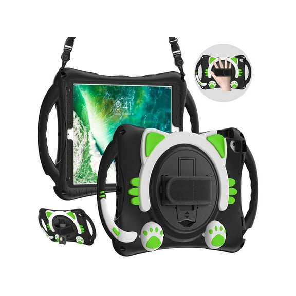 Kids Case for iPad 9.7 2018 / 2017 / Air 1 / Air 2 / Pro 9.7 , Silicone Shockproof Protective Cover with Pencil Holder, Handle Grip, Hand Strap, Kickstand, Shoulder Strap