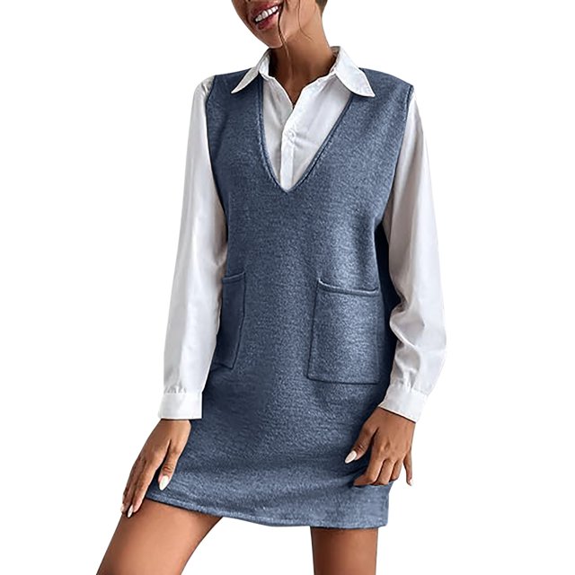 Robe Chandail Courte Sans Manches à Col en V pour Femme, Tricotée, Unie, avec Poches, Décontractée, Confortable, Tunique à Enfiler