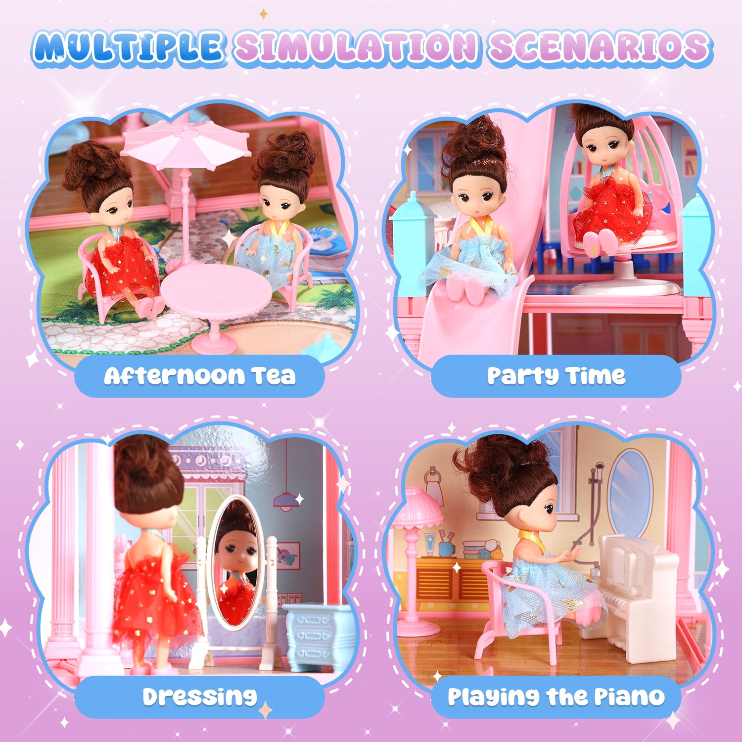 JoyStone Play Dollhouse with Doll Toy Figures, 14 Rooms Furniture and Colorful Lights, Creative Doll House Gift for Girls Ages 3+, Assemble Required, Purple