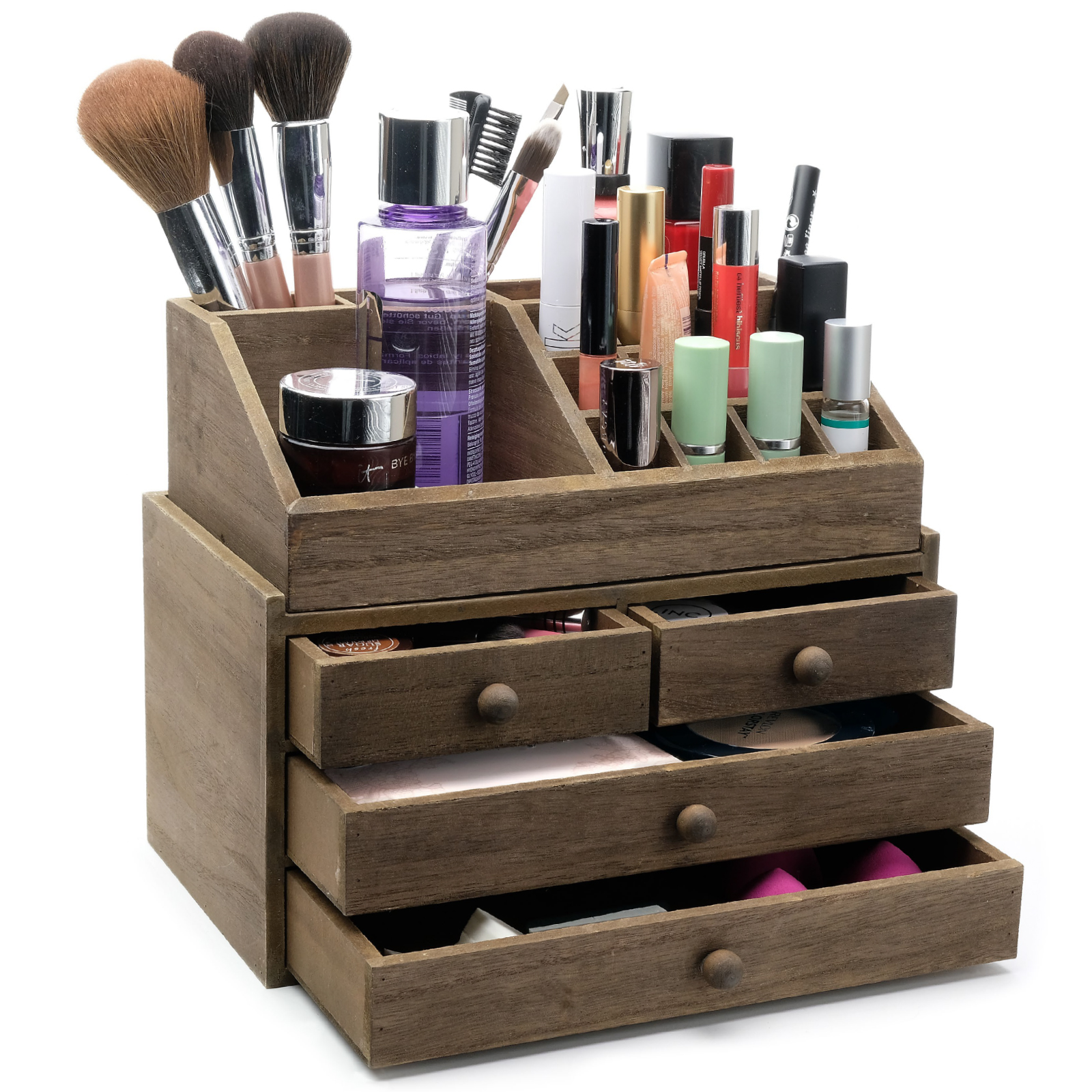 Excello Global Products 2-Piece Wooden Make Up Organizer - 9.5 x 5.5 x 8 Inches - 4 Drawers; 16 Compartments - EGP-HD-0375