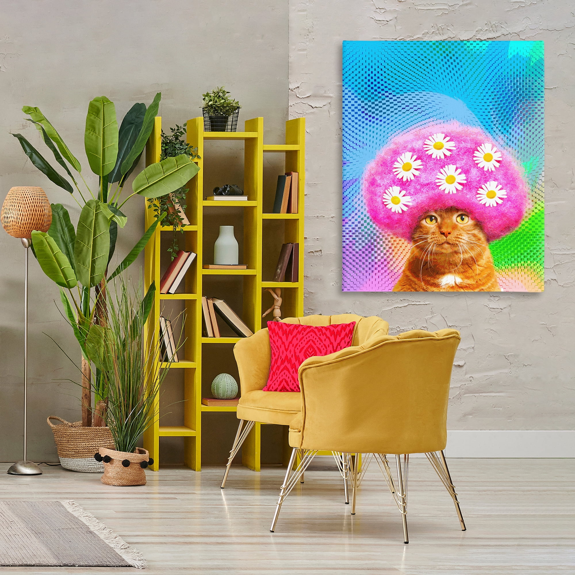 Stupell Industries Groovy Daisy Wig Cat Novelty & Humor Painting Wrapped Canvas Art Print Wall Art, 36 x 48