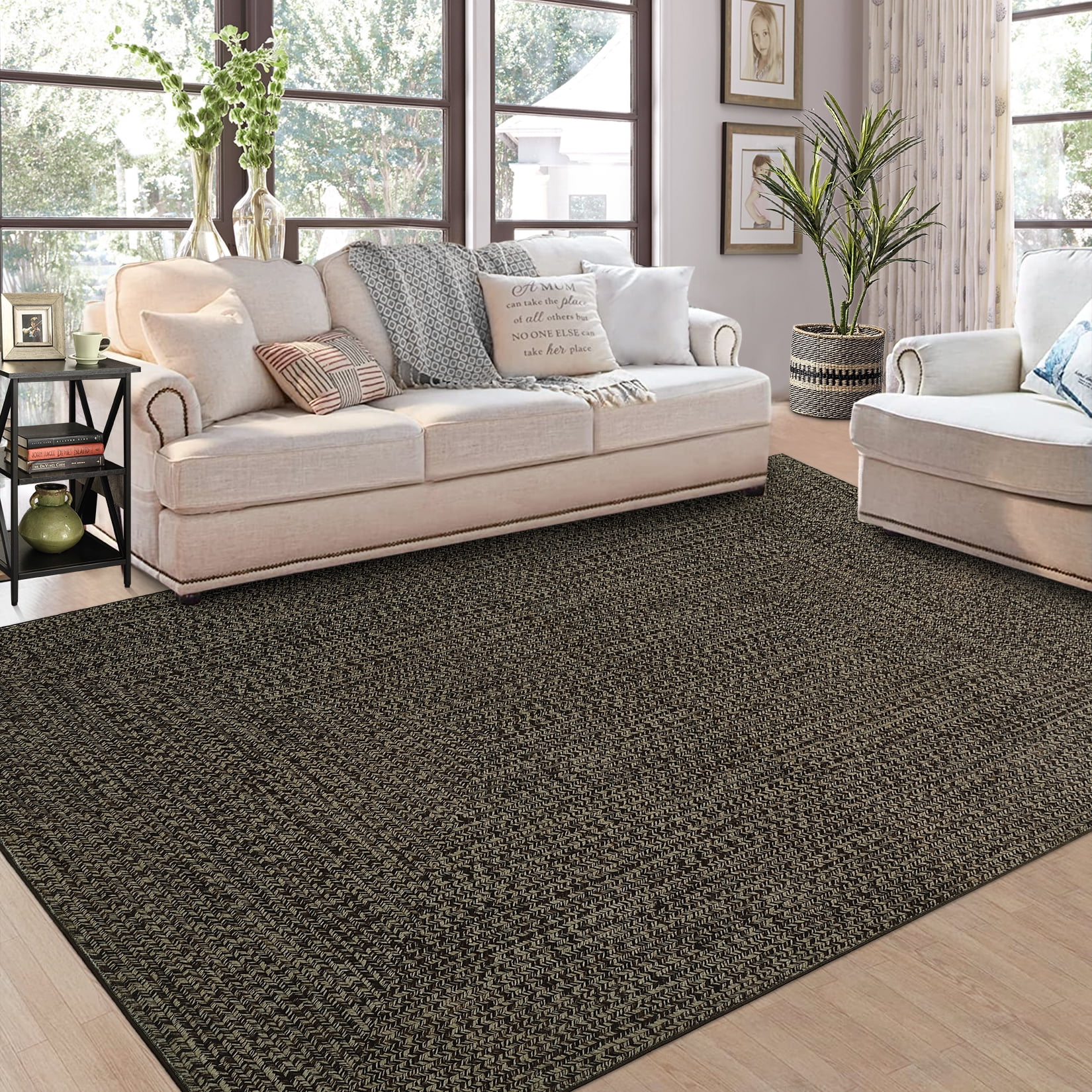 Garvee 9'x12' Large Area Rugs Braided Print Rug, Machine Washable Indoor Rug Non-Slip Low Pile Farmhouse Solid Carpet for Bedroom, Living Room, Dining Room Office, Brown