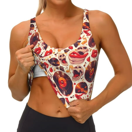 Qokaie Skull rock record music heart Pattern Womens Scoop Neck Sports Bra Breathable Workout Vest Padded U Back Medium Impact Fitness Gym Yoga Bra Workout Crop Top
