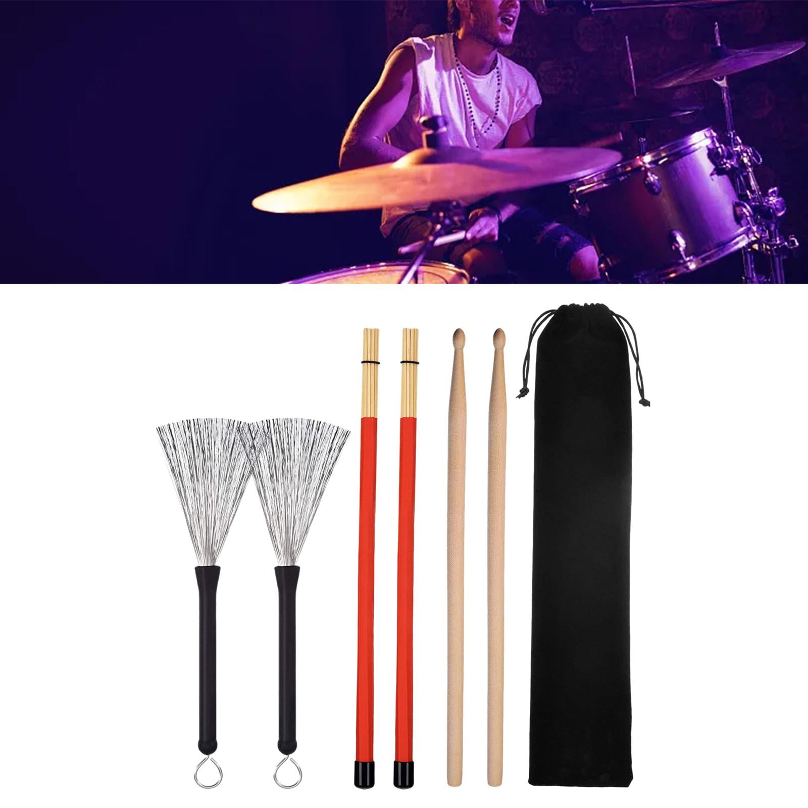 QccHieUs Drumsticks Set Durable and 1 Pair Rods Drum Brushes with Storage Pouch for Music