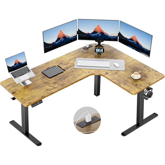 Kyspho 63″ Dual Motor L-Shaped Standing Desk, Built-in Power Outlets, Electric Height Adjustable, Large Power Strip Holder, Sit Stand Up Desk with 3 Preset Heights, Vintage Brown