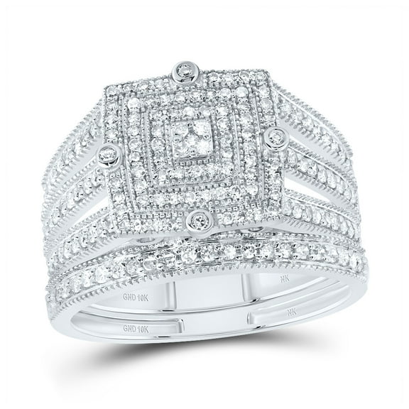 10kt White Gold 1/2 Cttw Natural Diamond Square Double Halo Wedding Engagement Anniversary Bridal Set, Women Size: 5-9