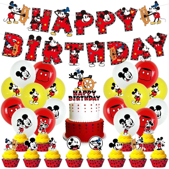 Cartoon Themed Birthday Party Supplies Birthday Decorations Set with Happy Birthday Banner, Cupcake Toppers, Balloons for Boys Girls Themed Party Decor
