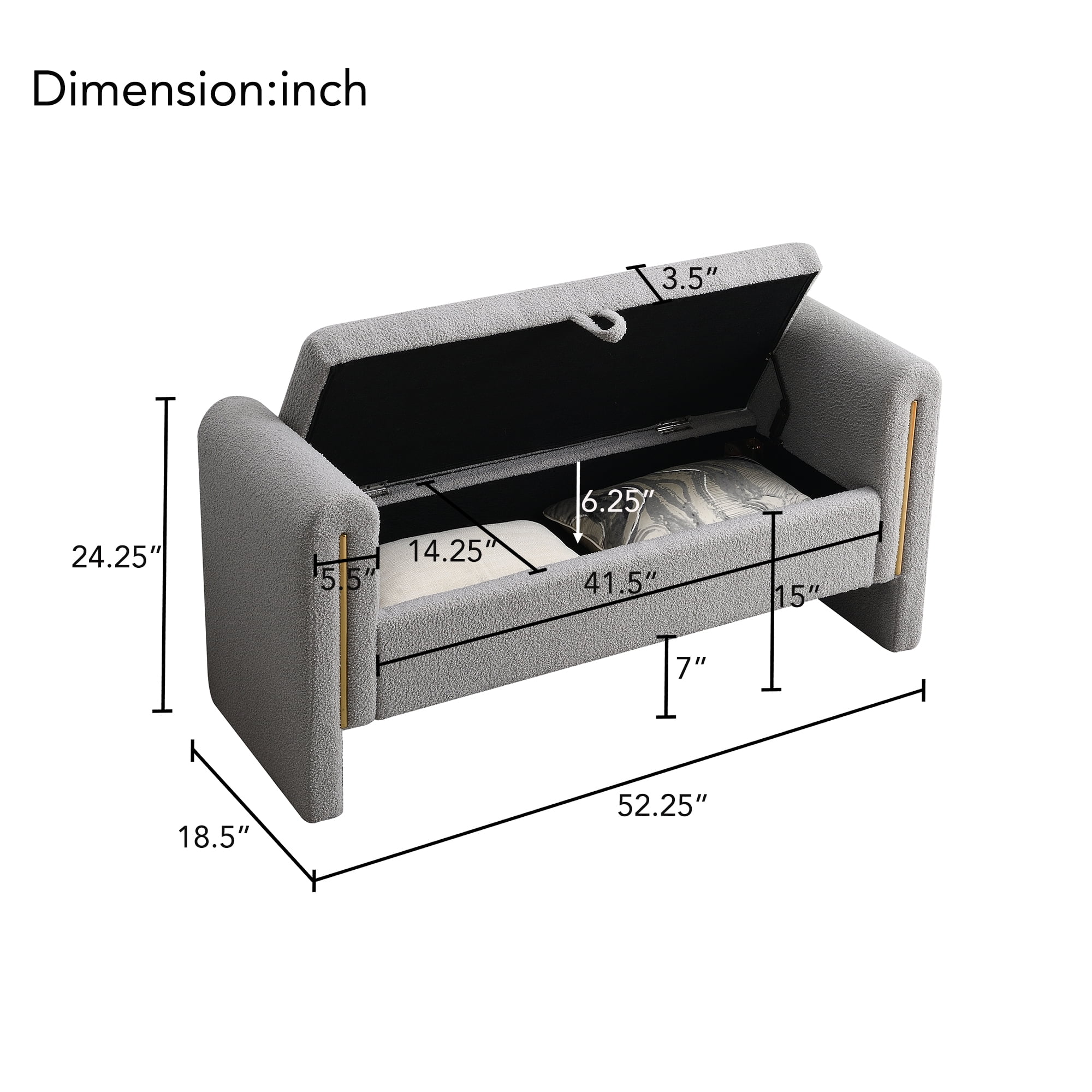 Miniyam Modern Teddy Fabric Upholstered Bed End Bench with Arms and Storage, for Living Room,Bedroom, Gray