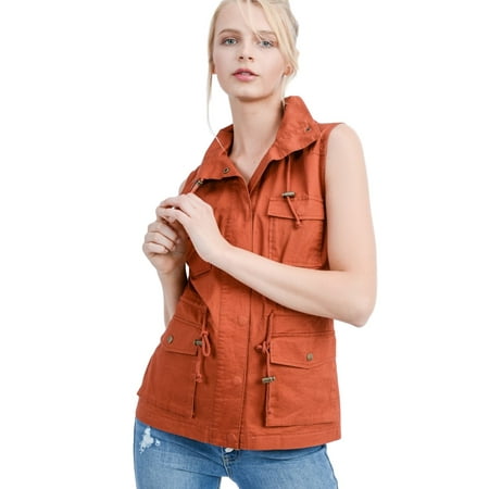 Women's Sleeveless Hooded Anorak Cotton Cargo Utility Vest (Small, Rust)