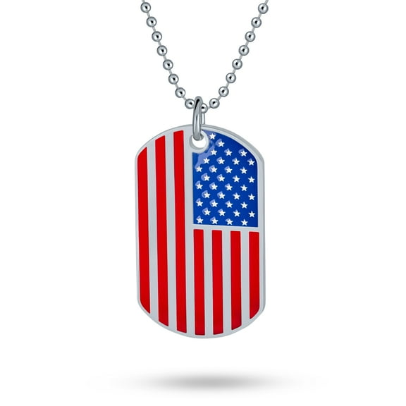 Bling Jewelry Mens Patriotic Flag Star Dog Tag Pendant Necklace for Men in Red White Blue Stripes
