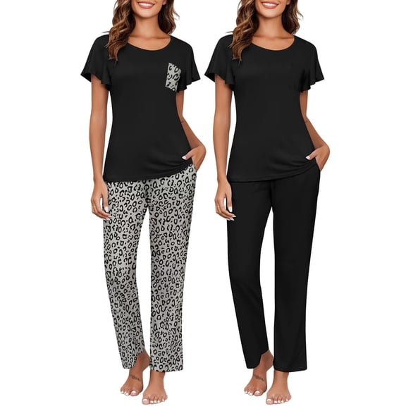 Ekouaer 2-Pack Womens Pajama Sets Soft Short Sleeve Sleepwear with Long Pants & Pockets Printed Lounge Set