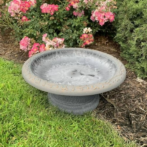 Tierra Garden Birds and Beyond Fiber Clay Bird Bath, Semi-Gloss Bird Bowl with Matte Low-Profile Base (Charcoal)