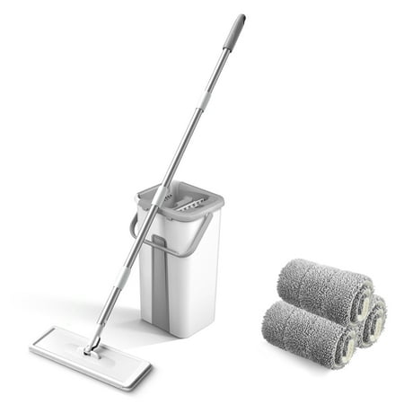 Microfiber Mop with Bucket Floor Cleaning Squeeze Hand Free Floor Mop Washable Pads Reusable Dust Mops with Soft Refill Pads Hardwood Wood Floor Cleaner Mop Dry Mop